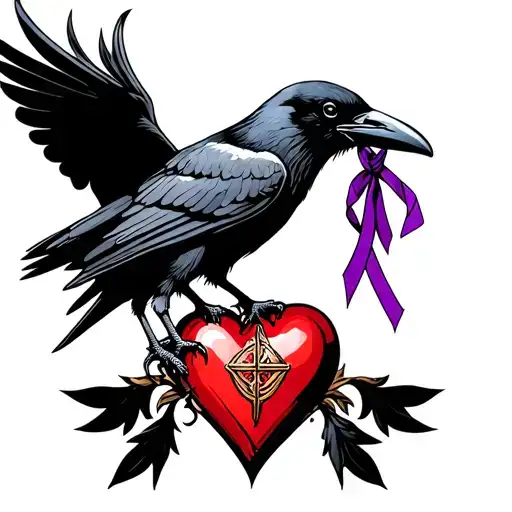 Tower Raven With Purple Ribbon In It's Beak Standing On A Sacred Heart S