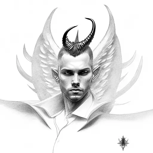 Male Angel With Horns That Curve Back Falling From Sky