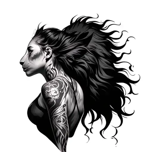A Strong Woman With A Lioness Tattooed On Her Back