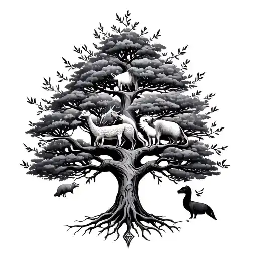 A Tree Of Life Tattoo With Various Animals Hidden In The Branches