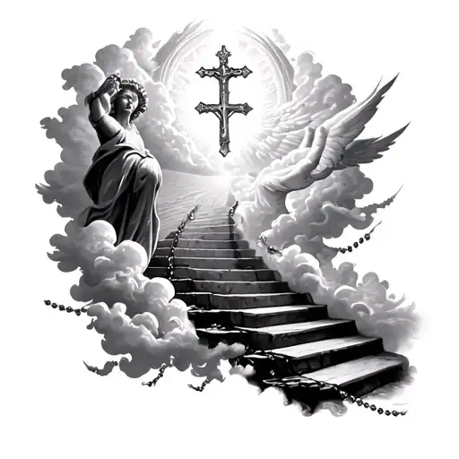 Arm Sleeve Of Stair Way To Heaven Wrapping Around Arm With Clouds And Angles And Rosary With Cross