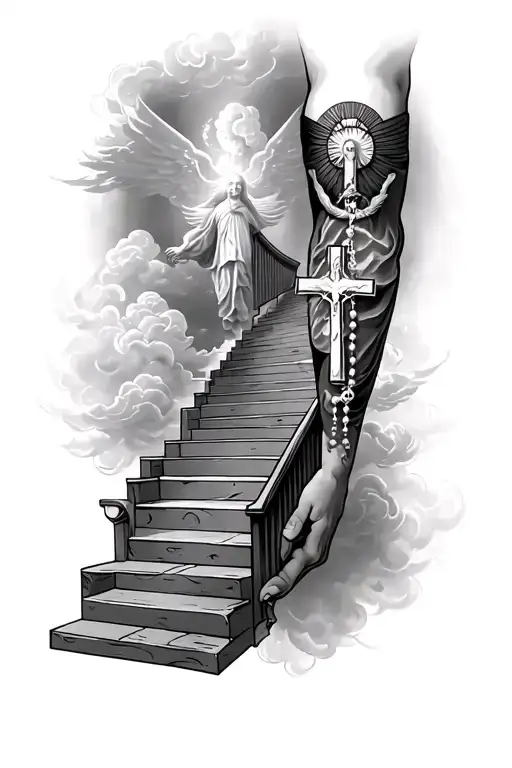 Arm Sleeve Of Stair Way To Heaven Wrapping Around Arm With Clouds And Angles And Rosary With Cross