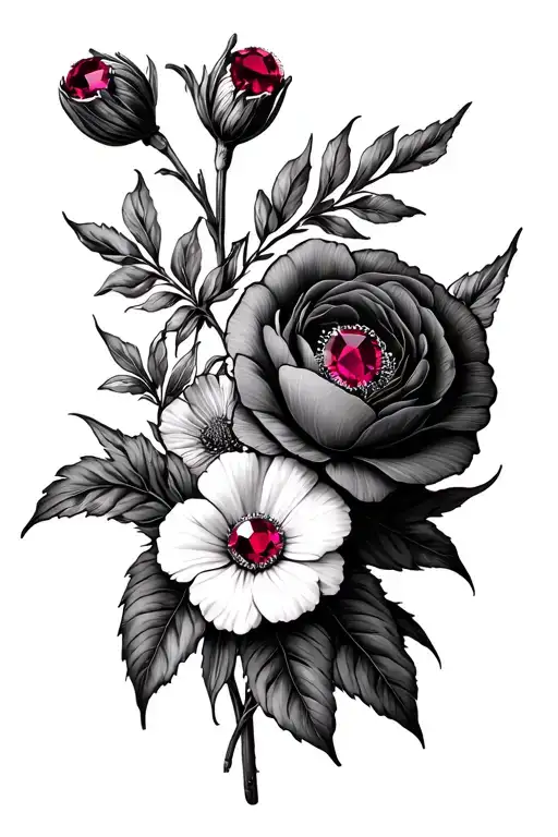 July Birth Flower Bouquet With Ruby Stone