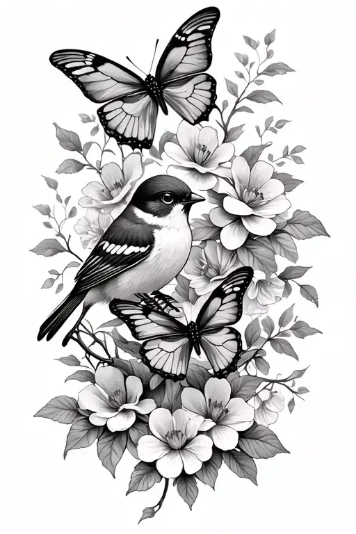 Sparrows Butterflies Flowers Vines Intertwining