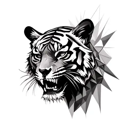 Tiger Head And Skull And Rises With Geometric Patterns