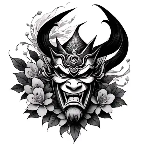 Oni Samurai Mask Surrounded But Flowers And Wind