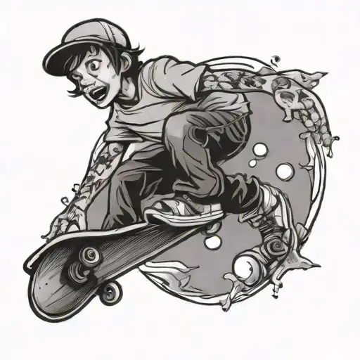 Kids Skateboarding Under Street Light Comic Style