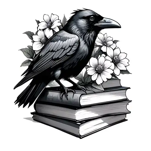 Raven With Flowers Perched On A Stack Of Books