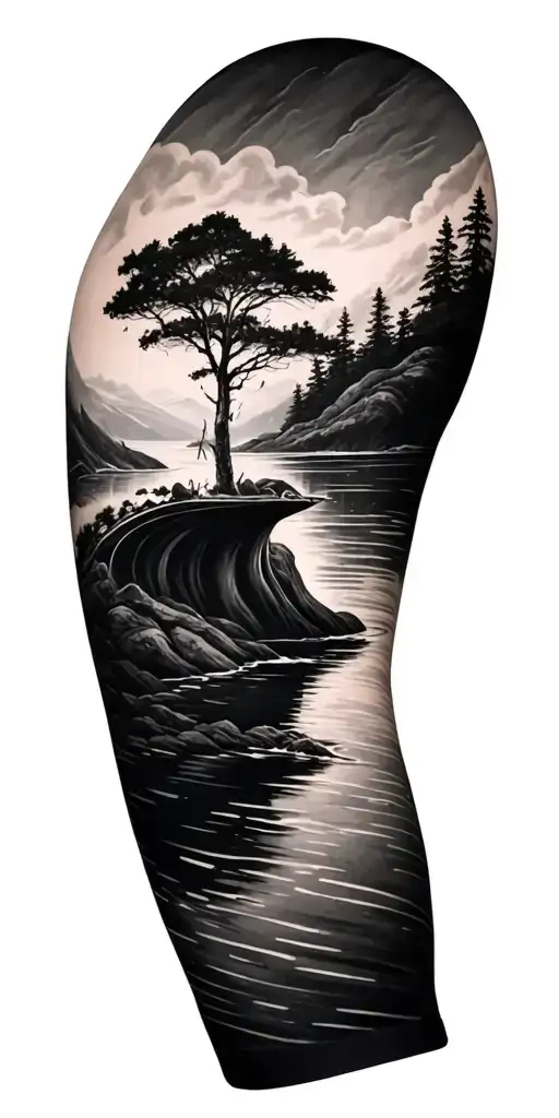 Realism Style Full Sleeve Of River With Hidden Nerdy Details
