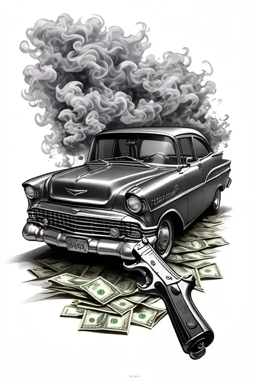 Cash Car And Gun Surrounded By Smokes