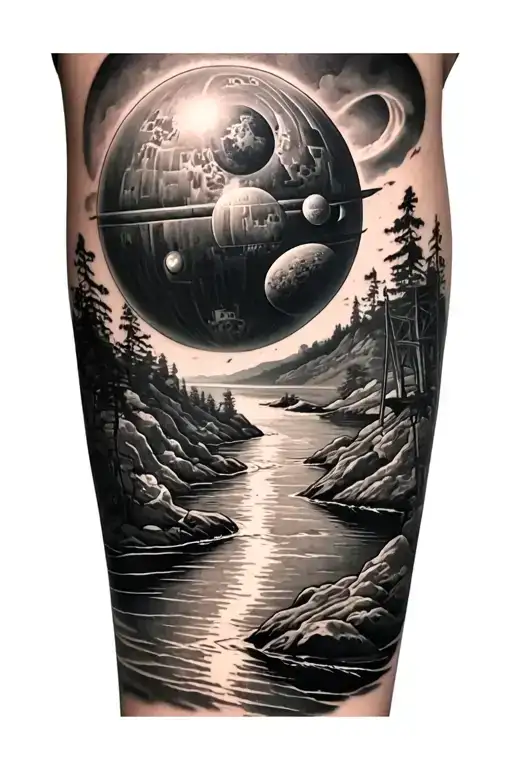 Realism Style Full Sleeve Of River With Hidden Death Star