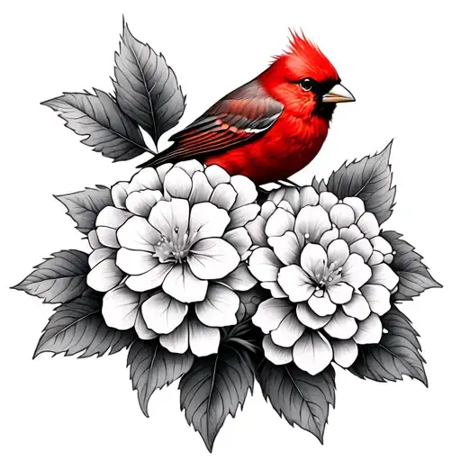 Black-and-white Forearm Tattoo With A Red Bird Hydrangea Tattoo For My Brother That Died