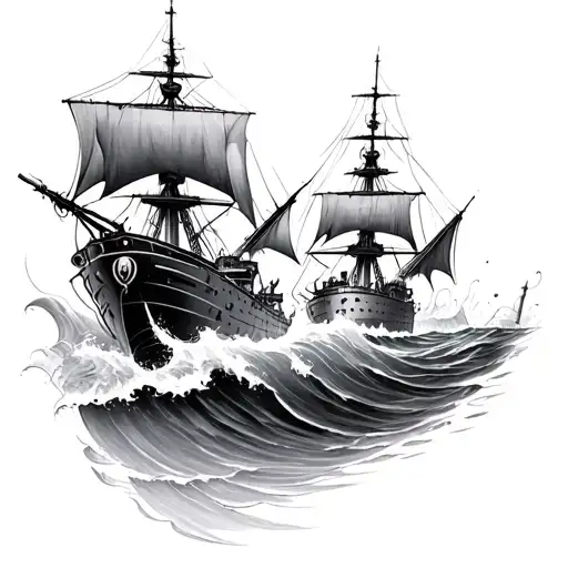 Battle Ships Sink Beneath The Waves Flowing