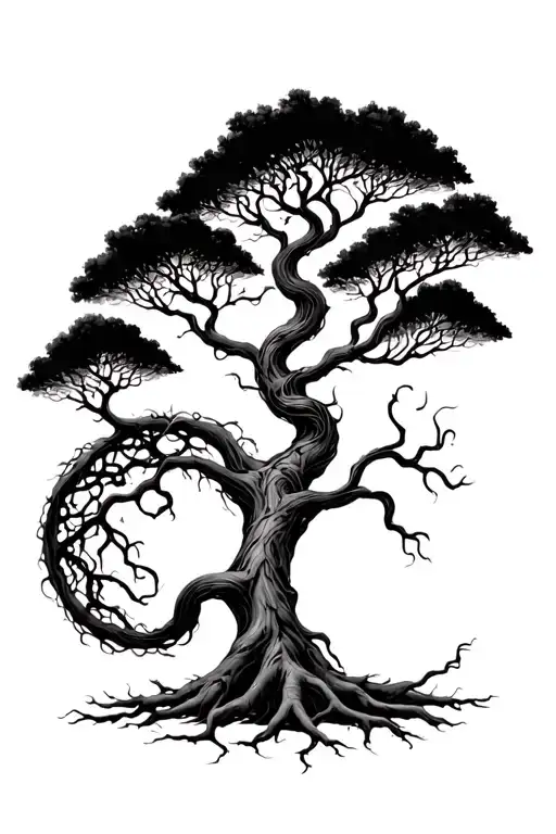 Tree Of Life With Big Beautiful Branches And Interwoven Roots