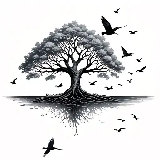 Tree Of Life With Birds Flying Away