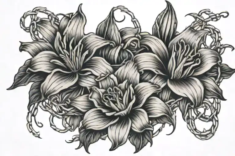 Lilies And Roses Intertwined With Barbed Wire