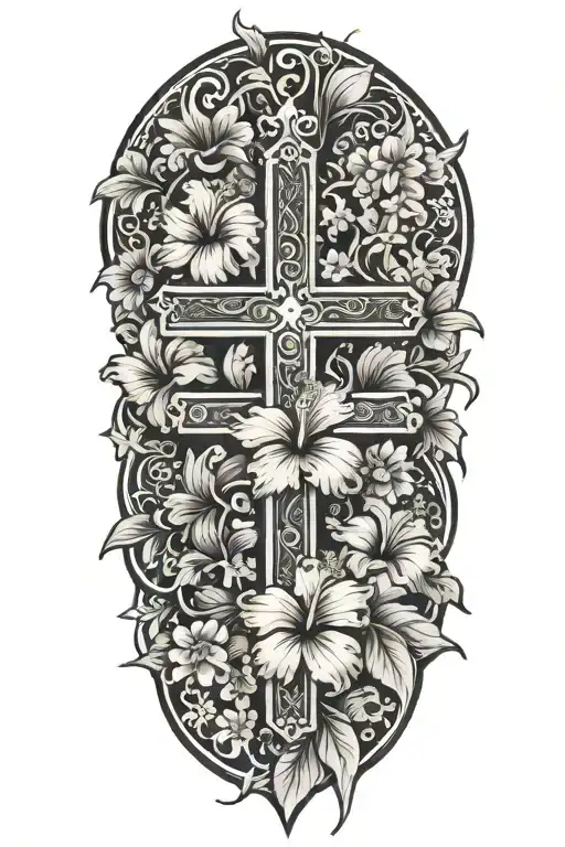 Hibiscus Flowers And Sakura Flowers With Cross Surrounded