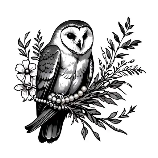 Barn Owl Holding Herbs Intertwined With Flowers And Pearls