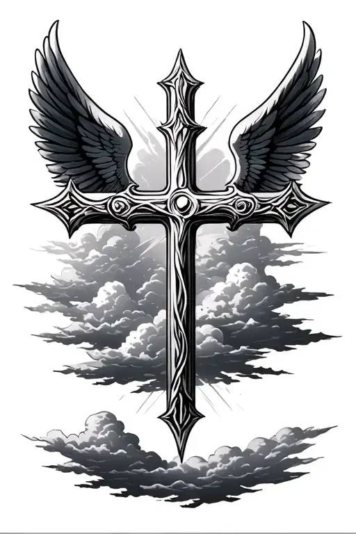 Cross With Wings And Clouds In The Background