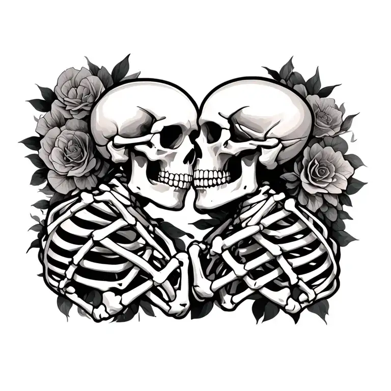 Fine Line Skeletons Holding Each Other