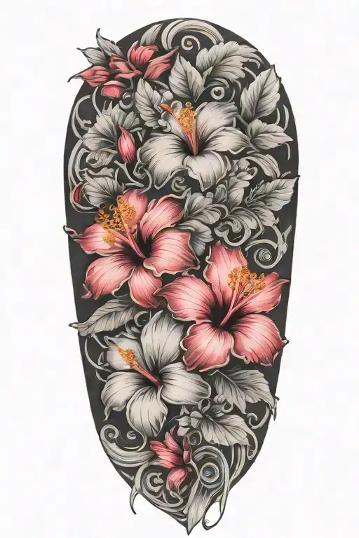 Sleeve From Wrist To Elbow With Hibiscus Flowers And Sakura Flowers With Skin Break Blank Cross