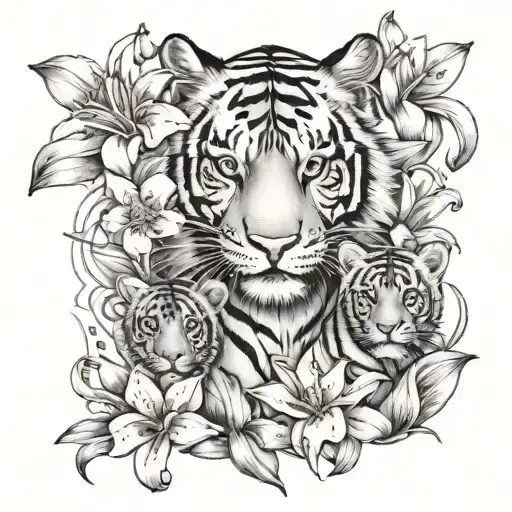 Mother Tiger With 2 Tiger Cubs Surrounded By Lily Flowers