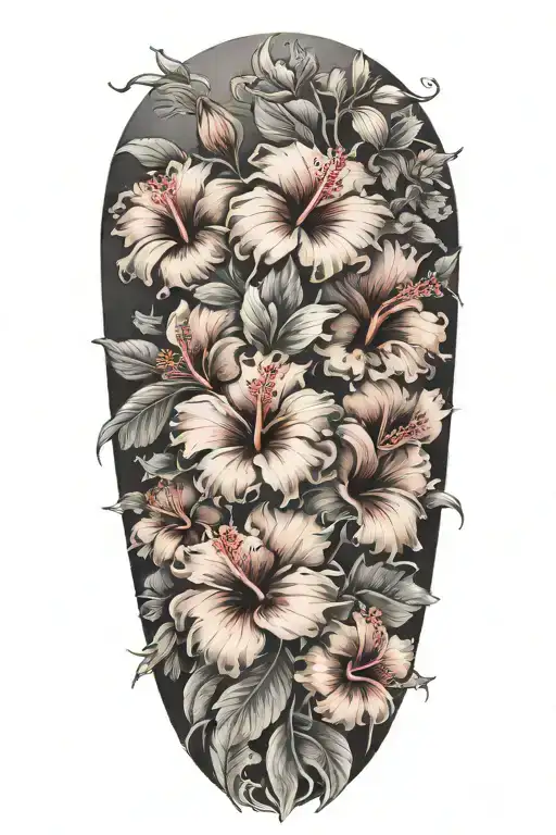 Sleeve From Wrist To Elbow With Hibiscus Flowers And Sakura Flowers With Skin Break Blank Cross