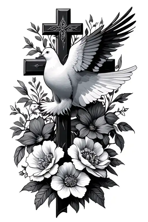 Cross Surrounded By Flowers With A Dove