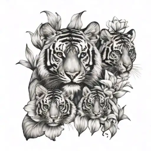 Mother Tiger With 2 Tiger Cubs Surrounded By Lily Flowers