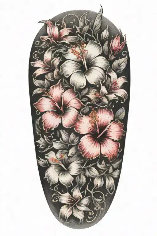 Sleeve From Wrist To Elbow With Hibiscus Flowers And Sakura Flowers With Skin Break Blank Cross