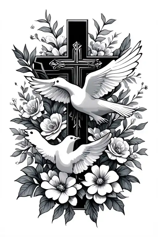 Light Colored Cross Surrounded By Flowers With A Dove