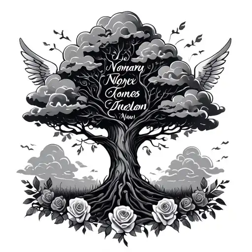 Tree With Loved Ones Names Written Inside It With Clouds And Roses And Wings Around It