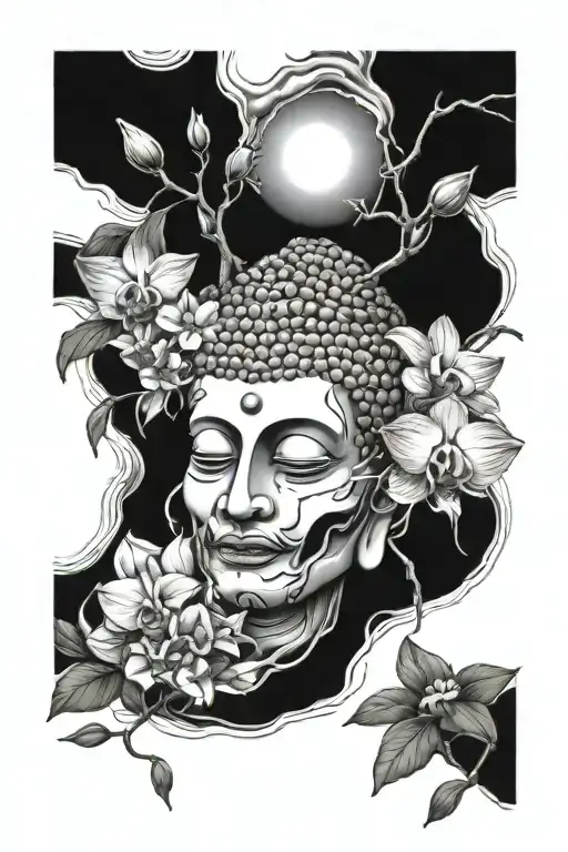 Half Skull Under Broken Faced Buddha Surrounded By Orchids Under An Ash Tree On Water