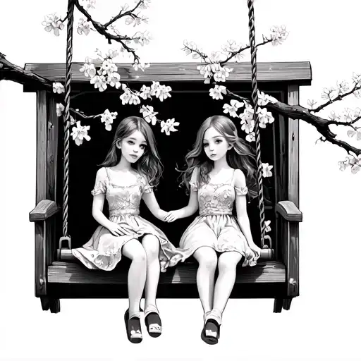 Cherry Blossom Branch With 2 Girls On A Swing