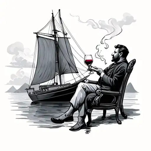 Sailboat With Ocean Island And A Man In A Chair Holding A Glass Of Red Wine Smoking A Joint