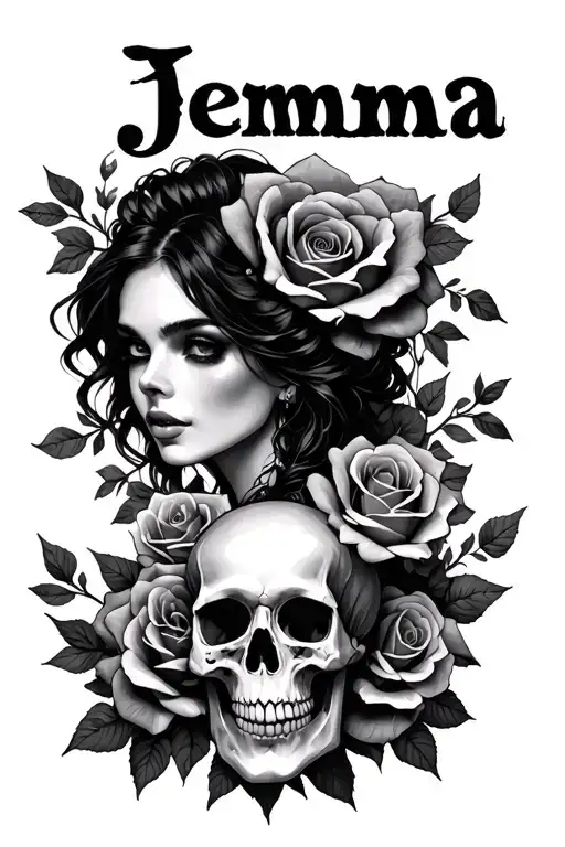 The Name Jemma Surrounded By Roses And Skulls