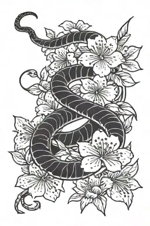 Cherry Blossoms With Black Mamba Snake Wrapped