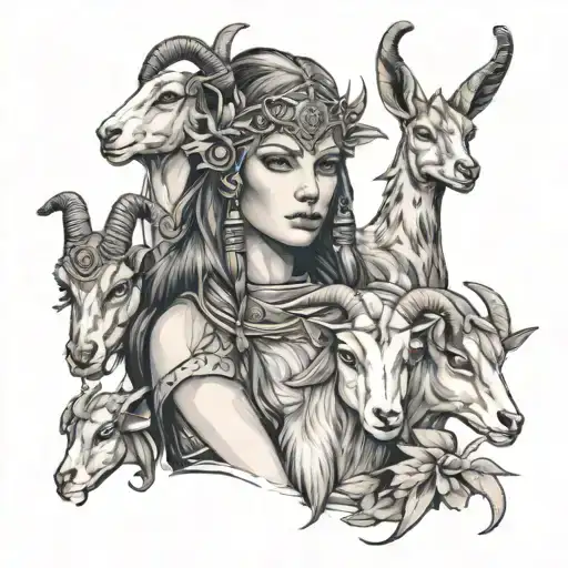 Huntress Goddess With 3 Juvenile Goats Stand