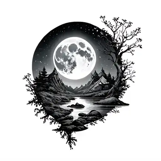 Virgin And Night Landscape With Moon