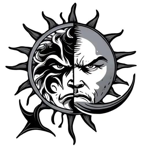 Half Sun Half Moon American Traditional Style For Men's Shoulder With Face Slightly Angry