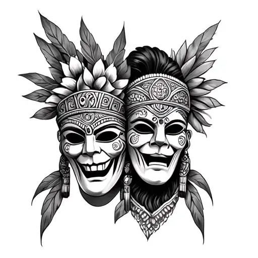 Tattoo Of Two Masks Sadnj And Merry In The Style Of Indian Automotive