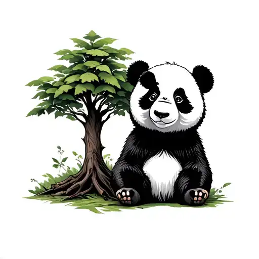 Panda Bear Sitting Next To A Tree Growing