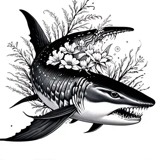 Whale Shark And Sea Weed Spine Tattoo With Flowers