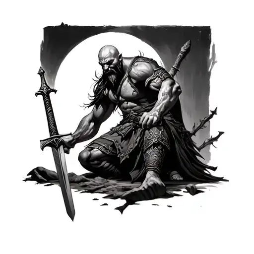 God Of War Holding Sword At His Feet