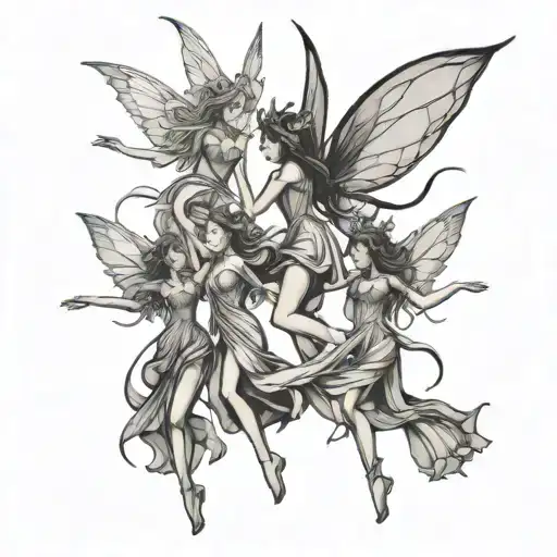 5 Tall Skinny Fairies Dancing Outline