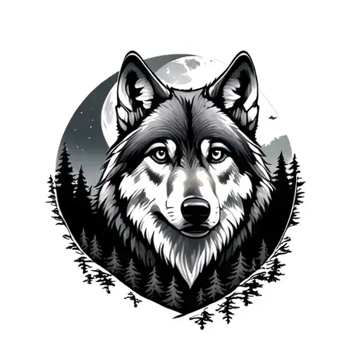 Wolf Looking At The Moon And Trees Around