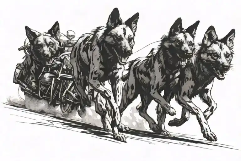 A Pack Of Wild Dogs Running Alongside A Motorcycle On A Deserted Road