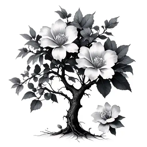 Wilted Tree With Wilted Flowers And Two Flowers In Bloom