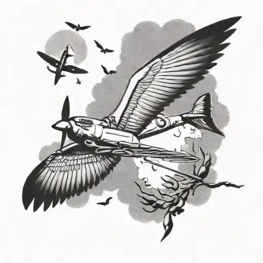 A Dotwork Design Featuring A Majestic Spitfire Airplane Soaring Over A Flock Of Birds