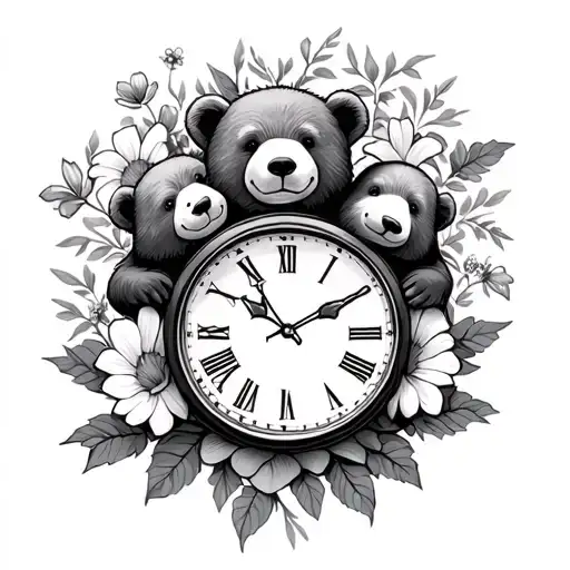 Flowers And 3 Clocks And Bears Holding The Clocks